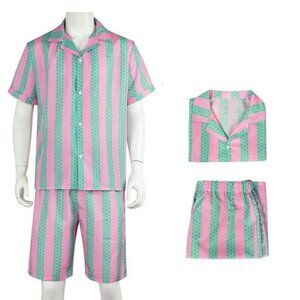 Ken Adult Mens Cosplay Beach Costumes  Pink Green Stripes Shirt Shorts S…